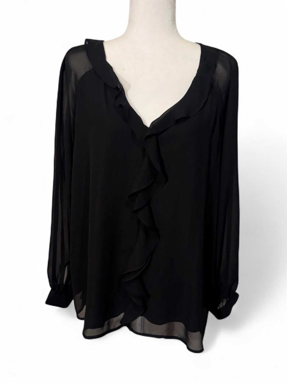 Daniel Rainn Black Sheer Ruffle Front Blouse